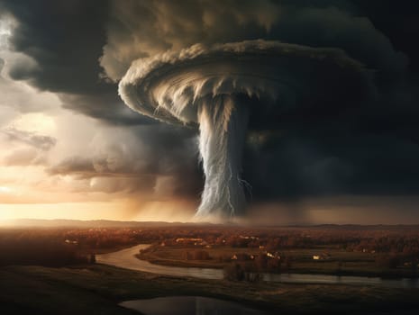 A massive tornado spirals upward in a dramatic sunset sky.