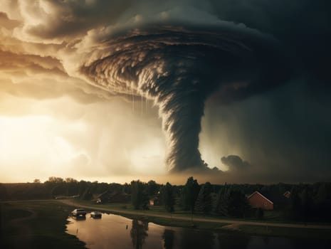 A massive tornado spirals upward in a dramatic sunset sky.