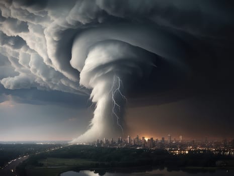 A massive tornado spirals upward in a dramatic sunset sky.