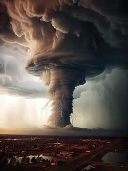 A massive tornado spirals upward in a dramatic sunset sky.
