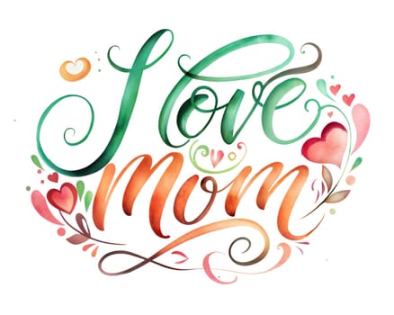 I love Mom - hand drawn quote, isolated on white background. Handwritten Mother's Day phrase, greeting card design. Ai generation image