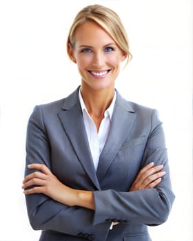 Portrait of smiling blonde businesswoman cross hands, looking at camera, isolated on white background. Ai generated image