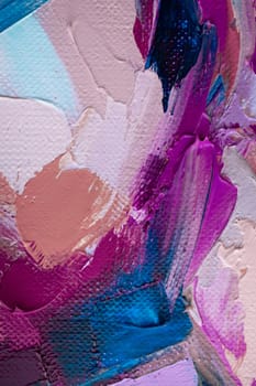 The artwork features a dynamic blend of pink and blue paint textures, emphasizing the layers and strokes that create an intriguing visual effect.