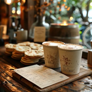 A table with a variety of pastries and coffee cups. The pastries are arranged in a circular pattern, and there are several cups of coffee on the table. Scene is cozy and inviting, with the pastries