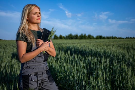 In the midst of a sun-kissed wheat field stands a female farmer, her face adorned with a pensive expression as she gazes towards the horizon. With one hand clasping a tablet close to her body, she navigates through agricultural data, while the other hand holds vibrant green wheat stalks. The day unfolds with radiant sunshine, casting a golden hue over the rural landscape. Dressed in practical work attire, her blonde hair illuminated by the sun, she embodies the essence of modern farming. Amidst the tranquil beauty of the countryside, she stands as a testament to the intersection of tradition and technology in agriculture. This captivating image captures the spirit of innovation and contemplation, as the farmer harnesses digital tools to navigate the fields of grain, ensuring the success and sustainability of her farm for generations to come. Yet, her furrowed brow hints at moments of concern and introspection amidst the vast expanse of the wheat field