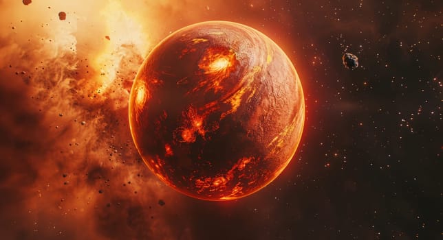 Red planet with orange flames and space background in 4k