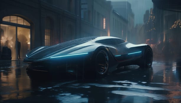 Neon sports cyber car stands in the rain on the background of the city of the future in 7k