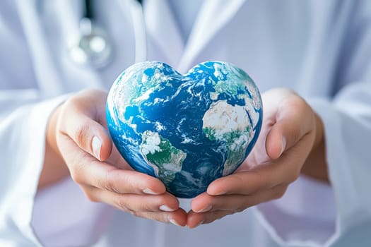 A doctor holding the world in his hands, a blue heart-shaped globe, in the style of white coat in 4k