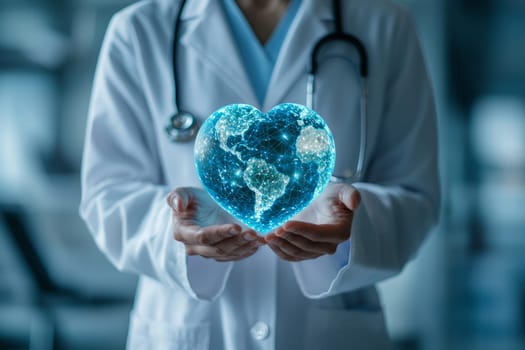 doctor holding the earth in a heart shape, wearing a white coat and holding a blue holographic globe in 4k