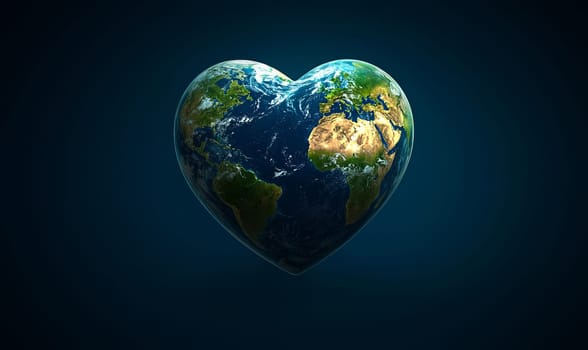 A heart-shaped Earth, symbolizing love for the planet, dark background in 4k
