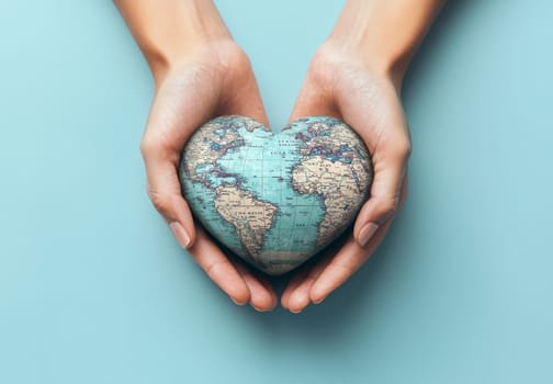 A hand holds a heart-shaped world map isolated on a blue background in 4k