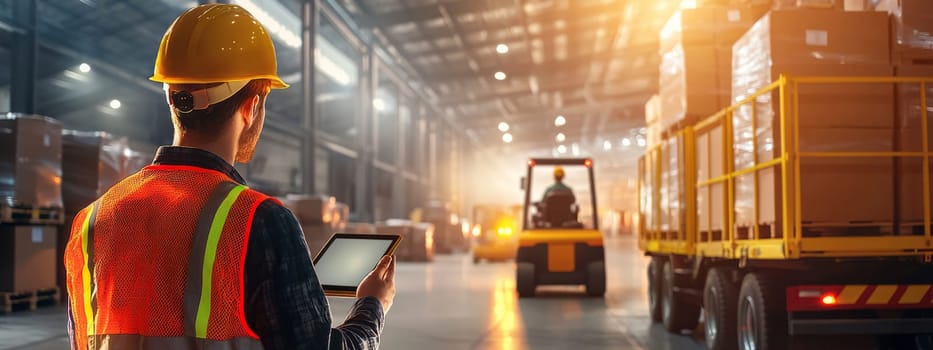 A dedicated warehouse worker efficiently managing operations using a tablet in a bustling logistics environment