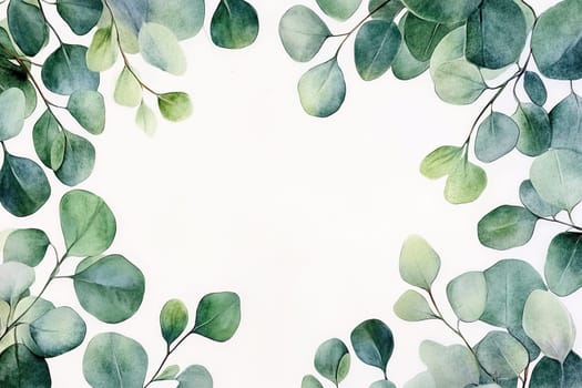 A beautiful watercolor artwork featuring eucalyptus leaves in varied hues of green, yellow, and red, complemented by vibrant red berries, elegantly arranged against a white background.