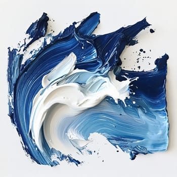 An artistic display of swirling blue and white paint on textured canvas, capturing the fluid and dynamic essence of the painter’s creativity and expression.