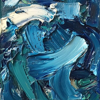 This artwork showcases a swirling ocean wave, with lively brushstrokes in shades of blue and hints of orange. The colors blend seamlessly to create movement and depth.