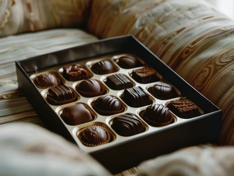 A selection of elegant chocolates neatly arranged in a box lies on a soft, plaid blanket. The warm colors and cozy atmosphere create a comforting vibe perfect for indulgence.