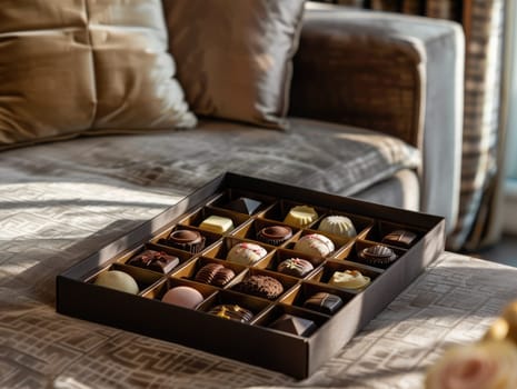A selection of elegant chocolates neatly arranged in a box lies on a soft, plaid blanket. The warm colors and cozy atmosphere create a comforting vibe perfect for indulgence.