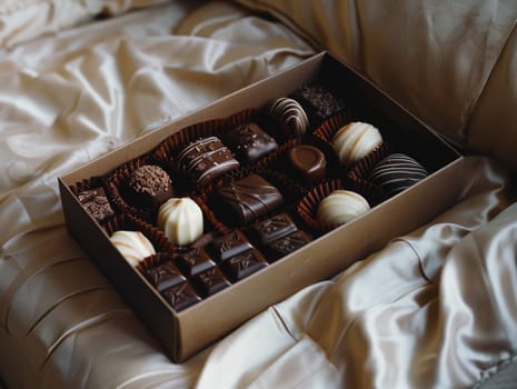 A selection of elegant chocolates neatly arranged in a box lies on a soft, plaid blanket. The warm colors and cozy atmosphere create a comforting vibe perfect for indulgence.