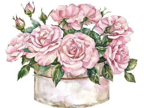A stunning display of soft pink roses arranged elegantly in a round white box, accented by fresh green leaves, ideal for celebrations or heartfelt gifts.