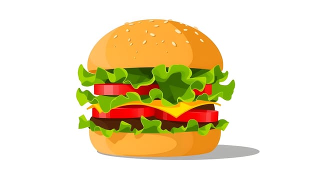 A tasty burger showcases layers of lettuce, tomato, and cheese, all nestled between a golden sesame seed bun. The vibrant colors highlight its fresh ingredients and appeal.