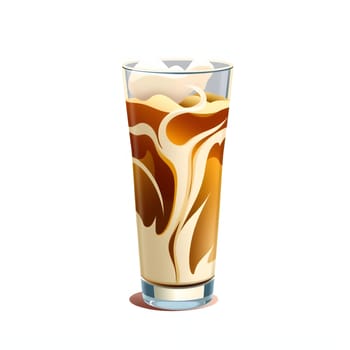 A tall glass features a refreshing iced coffee with cream, elegantly swirling throughout. The drink is visually appealing and perfect for warm weather enjoyment.