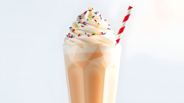 A refreshing milkshake is served in a tall glass, topped with creamy whipped cream and vibrant sprinkles, showcasing a delightful treat perfect for warm weather.