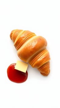 A freshly baked croissant is placed on a clean surface, accompanied by a pat of butter and a dollop of bright red ketchup, creating an unusual breakfast combination.