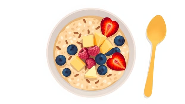 A colorful bowl filled with oatmeal topped with fresh blueberries, strawberries, and raspberries, along with chunks of yellow fruit, creating a nutritious breakfast.