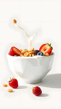 A vibrant breakfast bowl filled with strawberries, blueberries, and cereal as milk splashes dramatically into the mix. The arrangement showcases a fresh and healthy start to the day.