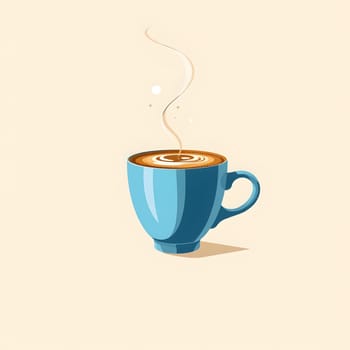 A vibrant blue cup filled with freshly brewed coffee sits on a smooth surface, releasing gentle steam. Intricate foam art decorates the top, inviting drinkers to indulge in a moment of warmth.