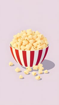 A striped bowl brimming with fluffy popcorn sits against a light pastel background. Some pieces have spilled out, adding a playful touch to the delightful snack display.