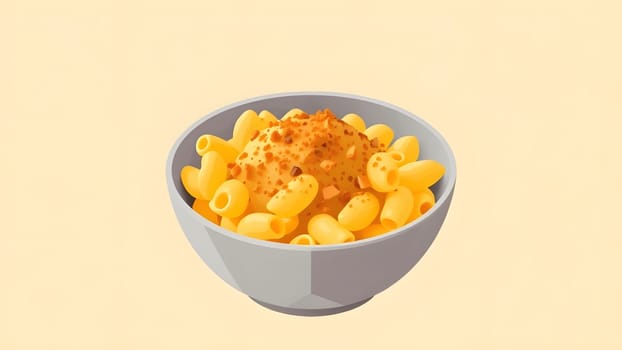 A bowl filled with creamy macaroni and cheese showcases the comforting dish topped with a sprinkle of spices. The neutral background enhances the vivid colors of the meal.