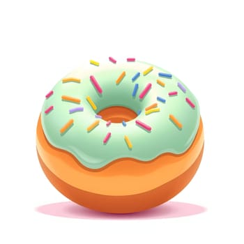 A dessert featuring a round donut topped with mint green icing and colorful sprinkles sits against a clean white background, highlighting its sweet and inviting appearance.