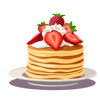 A fluffy stack of golden pancakes is beautifully topped with fresh strawberries, whipped cream, and mint leaves, served on a simple white plate, creating an inviting breakfast scene.