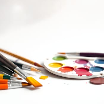 A variety of paintbrushes and vibrant watercolor paints are scattered on a clean surface, showcasing bright colors ready for artistic expression and creativity in a studio setting.