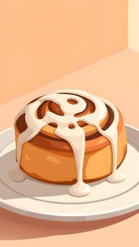 A freshly baked cinnamon roll sits invitingly on a white plate, topped with a generous drizzle of creamy icing. The warm colors create a cozy atmosphere perfect for enjoying a sweet treat.