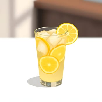 A tall glass filled with a refreshing yellow beverage, ice cubes, and garnished with lemon slices sits on a white surface, catching the sunlight in a bright setting.