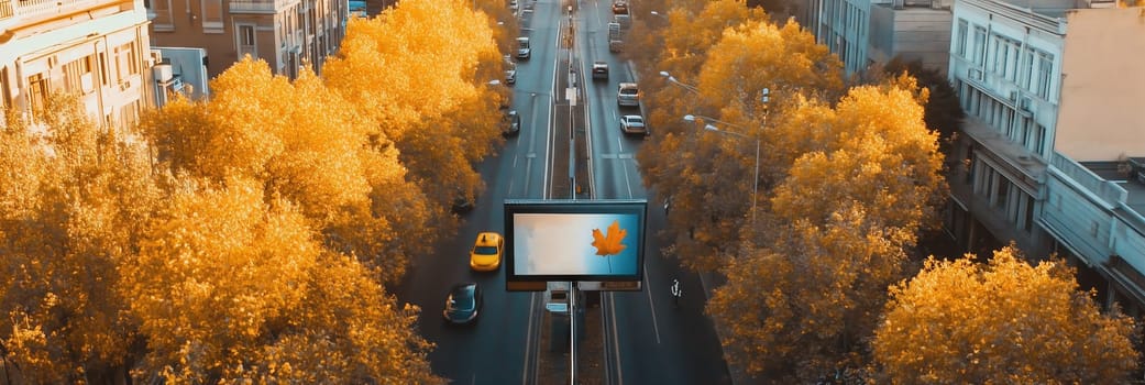 An aerial view of a city street lined with golden autumn trees, featuring a central billboard and vehicles. The vibrant fall colors contrast with the urban architecture, creating a picturesque scene.