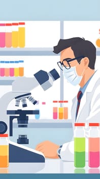 A scientist in a lab coat and mask focuses on samples with a microscope. Colorful test tubes filled with liquids are visible, showcasing a lively research environment.