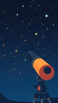 A telescope is pointed toward a vibrant night sky, illuminated by numerous stars. The quiet ambiance invites exploration of the cosmos above.