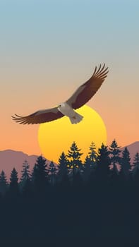 An eagle gracefully glides through the sky against a backdrop of a vibrant sunset. Silhouetted trees create a stunning contrast with the warm hues of the setting sun in the mountains.