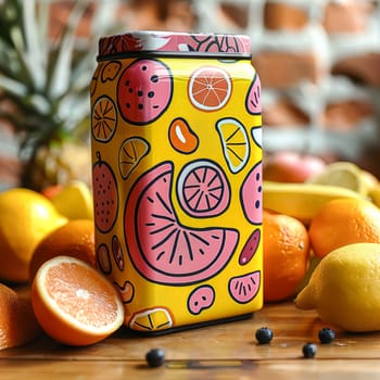 A yellow tin with vibrant fruit designs sits on a wooden table, surrounded by a colorful assortment of fresh fruit. The scene evokes a sense of freshness and abundance.