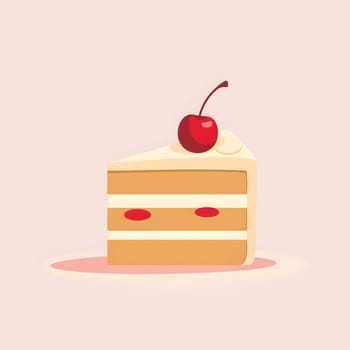 A beautifully arranged slice of cake topped with a cherry and cream sits on a light pastel background, showcasing its layers and textures, inviting a sweet indulgence.