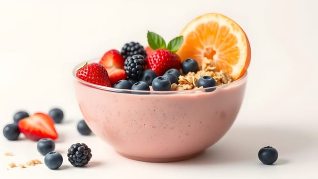 A colorful yogurt bowl features creamy yogurt topped with blueberries, strawberries, blackberries, and orange slices, making it a delightful morning meal option.