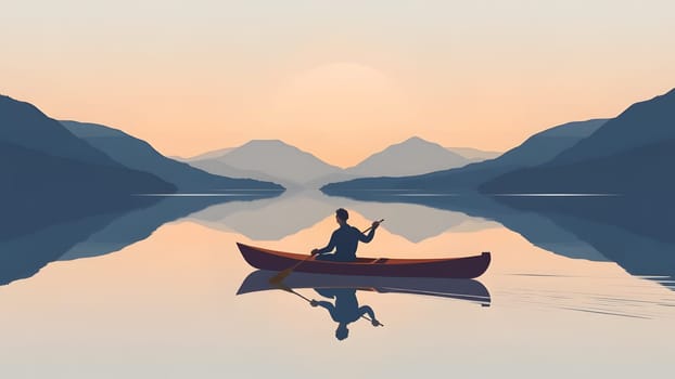 A lone kayaker glides across a calm mountain lake during sunset, surrounded by majestic peaks reflecting on the water's surface. The tranquil scene exudes peace and solitude.