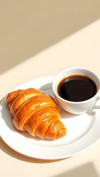 A warm, flaky croissant sits on a white plate next to a steaming cup of black coffee, all set against a soft, neutral background, suggesting a cozy breakfast moment.