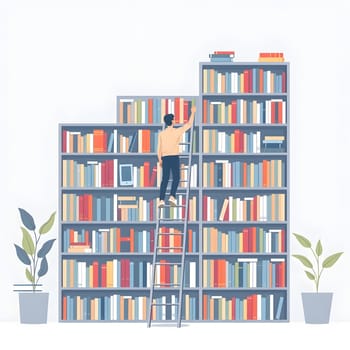 A person climbs a ladder to reach the top shelves of a colorful bookshelf filled with various books. Two potted plants add a touch of greenery to the room's decor.