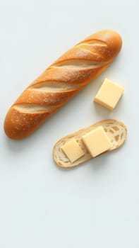 A freshly baked baguette rests beside a slice that holds cubes of butter. The simple arrangement highlights the classic pairing and textures of bread and butter.