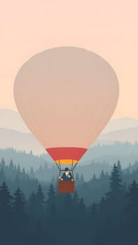A couple is seen in a hot air balloon as they float over a lush forest during sunrise. The sky is painted in soft hues, adding to the serene atmosphere of their adventure.