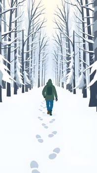 Snow blankets the ground and tree branches as someone walks along a narrow forest path, leaving footprints behind. The atmosphere is peaceful and serene.